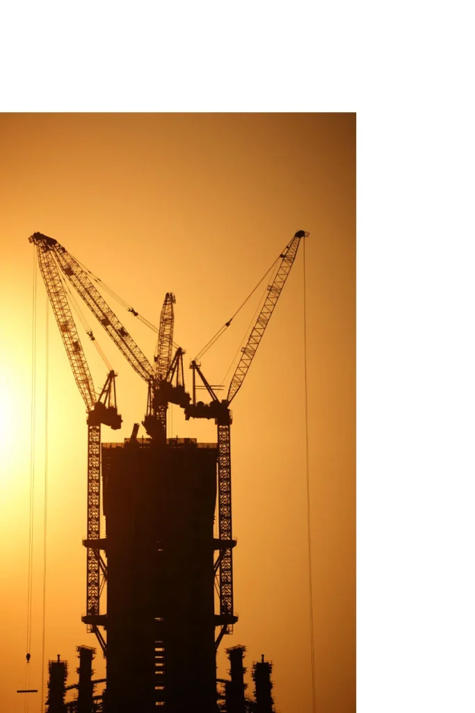 Silhouette von Baukranen vor einem orangefarbenen Sonnenuntergang.