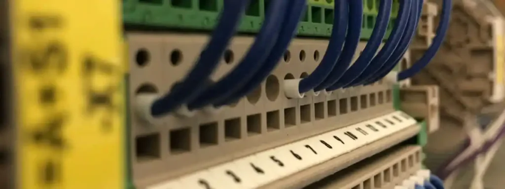 Detailaufnahme einer Klemmenleiste mit blauen Kabeln in einem Steuerungssystem.