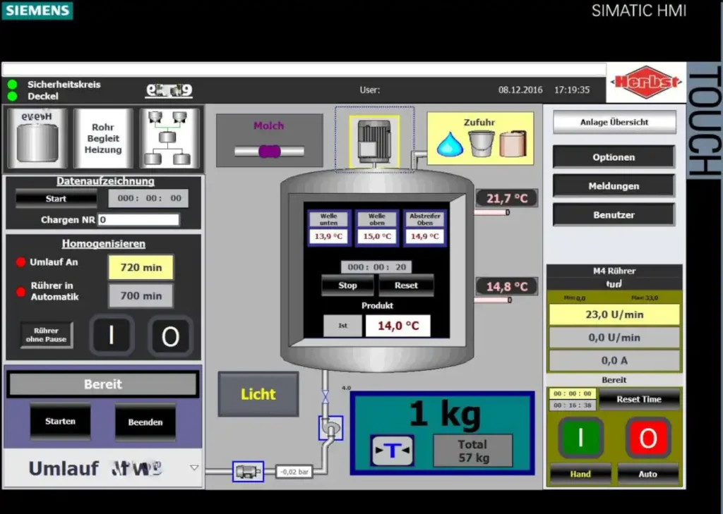 Steuerungstechnik-Interface mit Temperatur- und Mischparameteranzeigen.