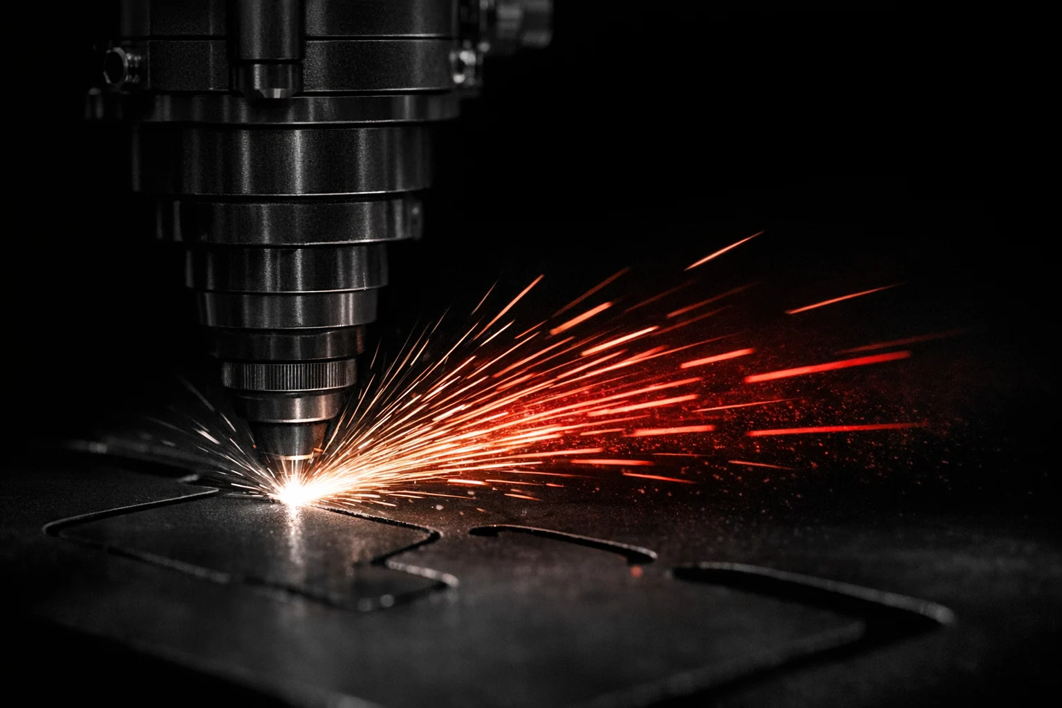 CNC-Laserschneidkopf beim Schnitt in Stahlblech